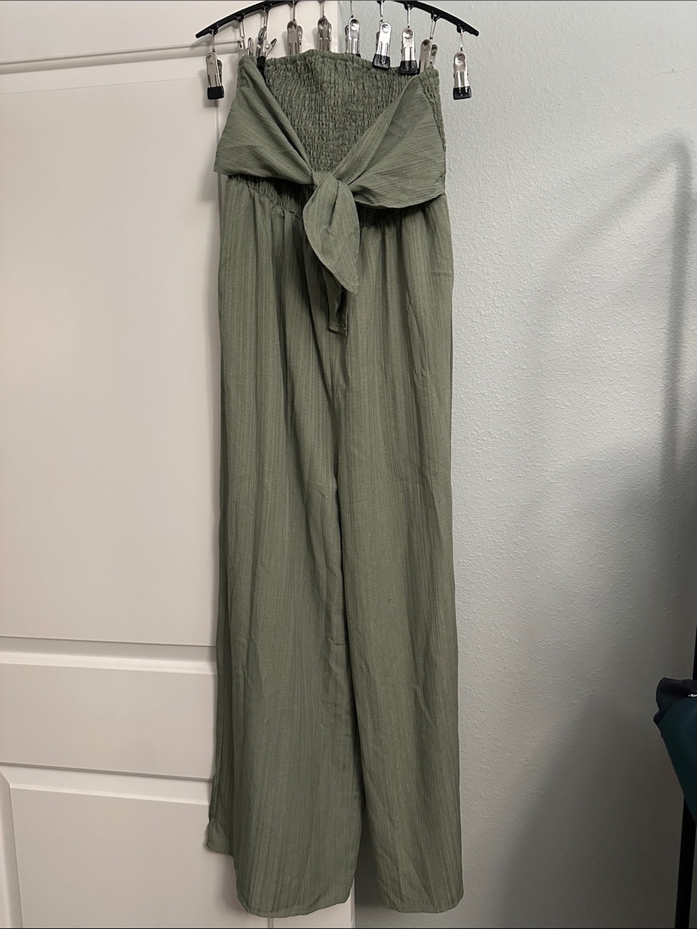 Olive Green Strapless Wide-Leg Jumpsuit with Front Tie
